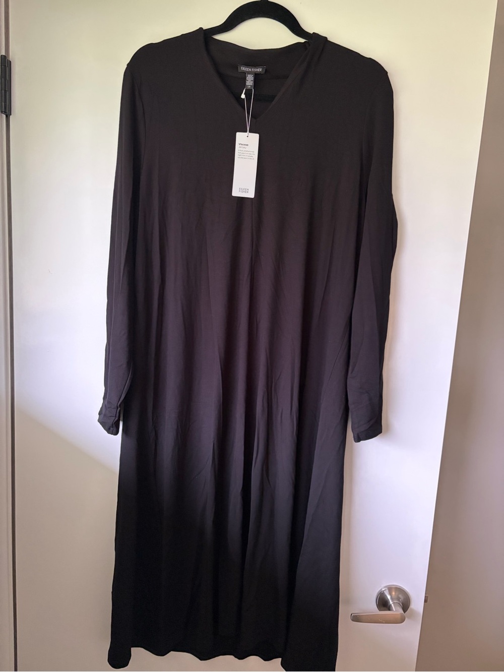 Eileen Fisher Black Long-Sleeve V-Neck Maxi Dress - Viscose Jersey - Size L